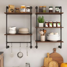 Industrial Pipe Shelf 3 Tier and 2 Tier Wall Mounted Shelves 36in Wood Display Shelves, and 3 additional hooks,Farmhouse Kitchen Bar Shelf