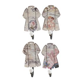 Vintage Print Wall Decor with Four Metal Hooks, Set of 4, Multicolor
