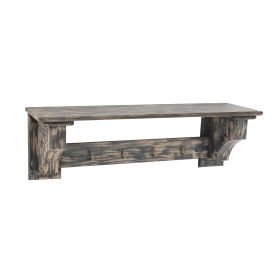 Wooden Wall Shelf with 4 Hooks and Carved Side Frames, Distressed Black