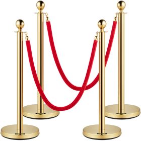 VEVOR Velvet Ropes and Posts, 5 ft/1.5 m Red Rope, Stainless Steel Gold Stanchion with Ball Top, Red Crowd Control Barrier Used for Theaters, Party