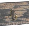 Wooden Wall Shelf with 4 Hooks and Carved Side Frames, Distressed Black